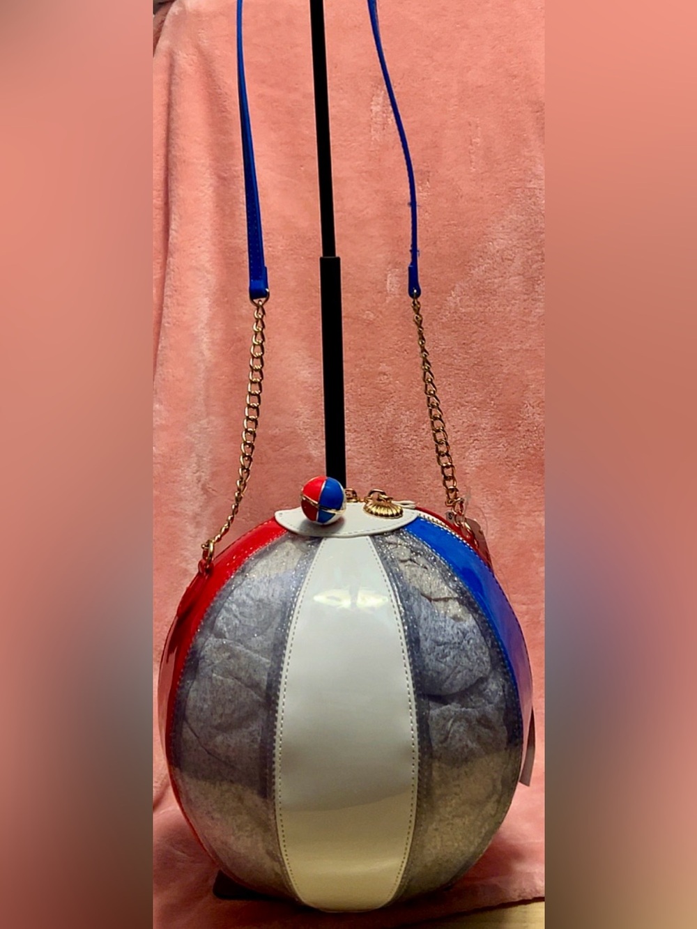 Tri-Color Beach Ball Crossbody Bag with Gold Chain Strap and Beach Ball Charm